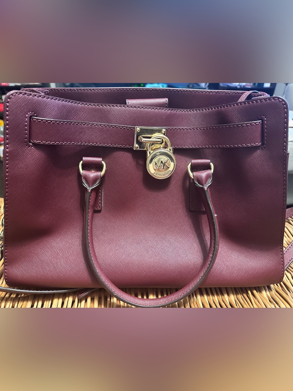Michael Kors Wine Saffiano Leather Satchel with Gold Hardware